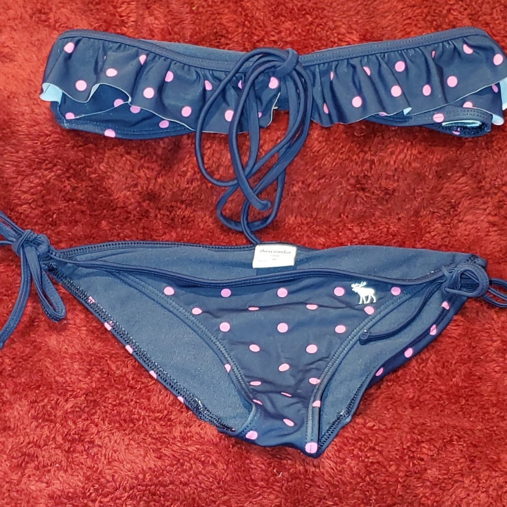 ABERCROMBIE KIDS Girls Medium Navy & Pink Dot Ruffle Tie Swim Bikini